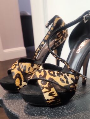 bebe Leopard Print Platform Heels in Black & Gold